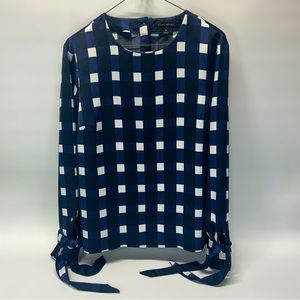 Banana Republic Blue Gingham Satin Long Sleeve Shirt with Tie Sleeves